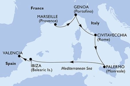 Marseille,Genoa,Civitavecchia,Palermo,Ibiza,Valencia